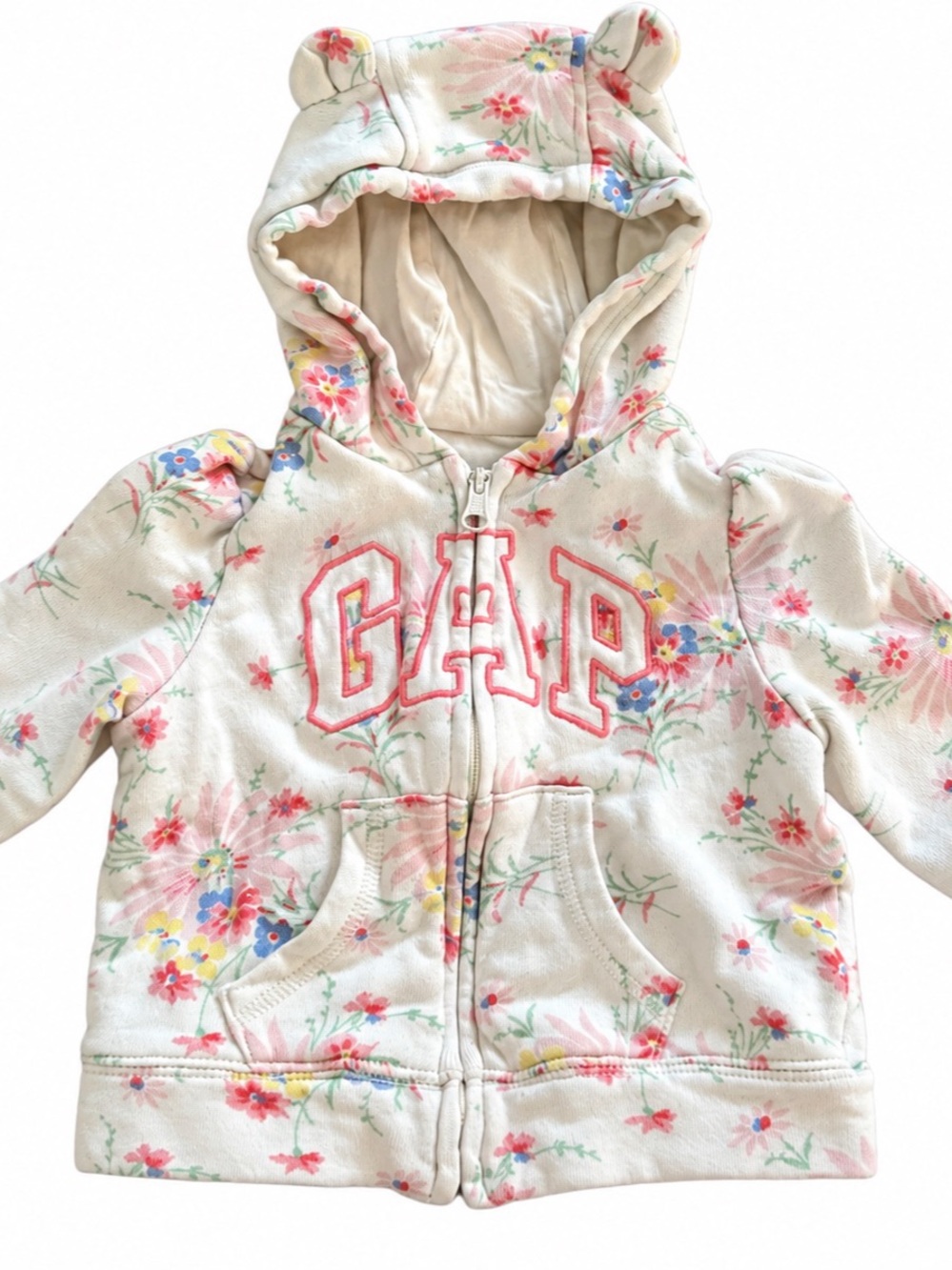 babyGap Baby Girl Floral Bear Ear Zip Hoodie Ivory Pink 6-12M